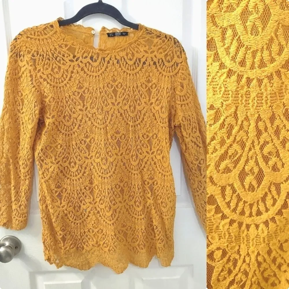Zara Mustard Yellow Vintage Style Sheer Lace Blouse Size L